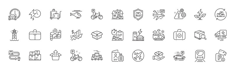 Bike, Passport and Rise price line icons. Pack of Parking security, Delivery service, Ambulance transport icon. Home moving, Lighthouse, Bicycle parking pictogram. Luggage trolley. Line icons. Vector