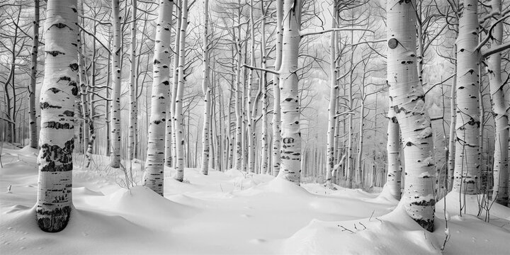 Black and white photography of aspen trees covered with snow in winter