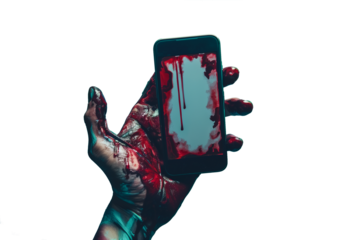 Mano zombie sosteniendo un teléfono móvil moderno.
Maqueta de teléfono celular con pantalla blanca sobre fondo transparente.