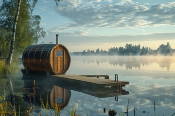 Tranquil Early Morning with Wooden Barrel Sauna on a Pier in a Misty Lake