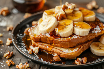 French Toast With Banana and Pecan Topping
