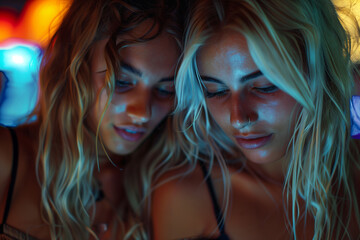 Obraz premium Two Women Look Down In A Nightclub Under Neon Lights