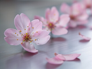 Fototapeta premium Neon Pink Cherry Blossoms Aligned on a Glossy Silver Background