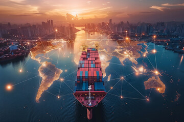 Futuristic Cargo Ship Navigating Global Trade Network at Sunset
