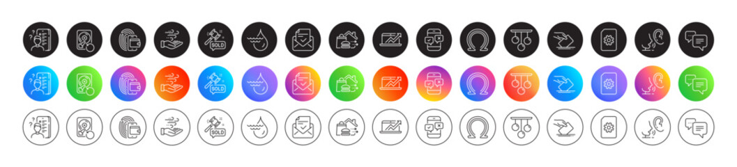 Wallet, Phone survey and Recovery hdd line icons. Round icon gradient buttons. Pack of Voting ballot, File management, Approved mail icon. Auction hammer, Wind energy, Dots message pictogram. Vector