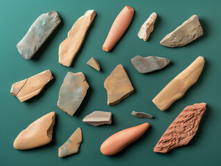 Rustic Pottery Shards Arranged on a Deep Forest Green Background