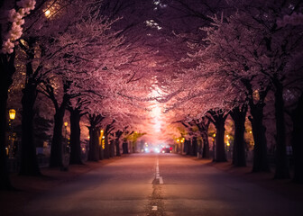 Evening fantastic road among cherry blossom trees sakura. Generative AI