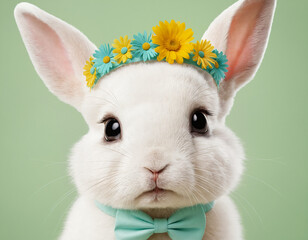 Adorable Bunny with a Flower Crown and Bow Tie on Green Background