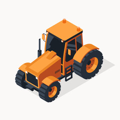 Orange agricultural tractor in isometric view isolated on white background. Toy tractor. Farm and construction industry machinery. Vector illustration.