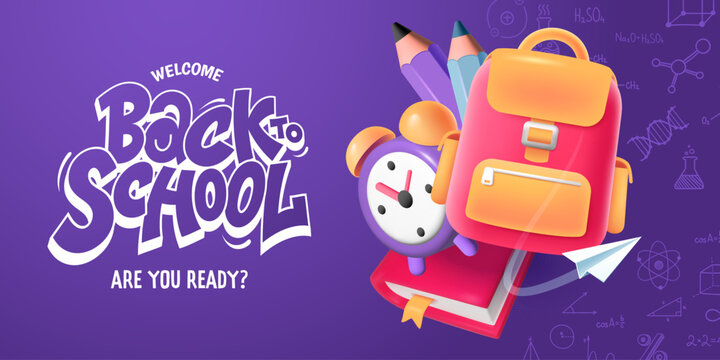 Back to School banner design with creative typography and group of education items - backpack, alarm clock, book, colored pencils isolated on purple background. 3d style. Vector illustration.