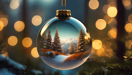 Christmas glass toy ball on tree with reflection of winter forest landscape, seasonal holiday scene