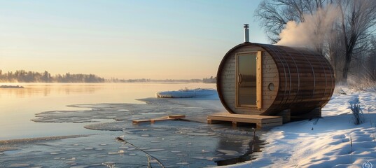 Winter Sauna Adventure by a Frozen Lake with Steam and Ice Plunge