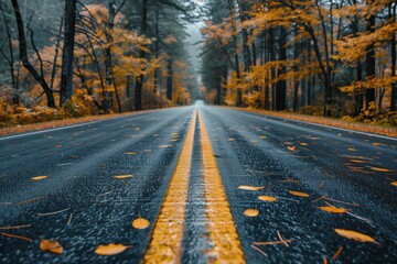 Wet Asphalt Road Through Autumn Forest on a Rainy Day