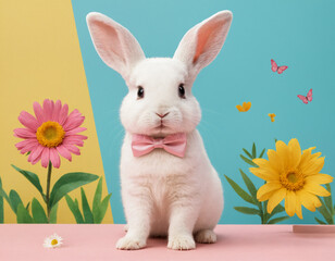Close-up portrait of a fluffy white Easter bunny with a bright pink bowtie, surrounded by a blooming spring flower garden
