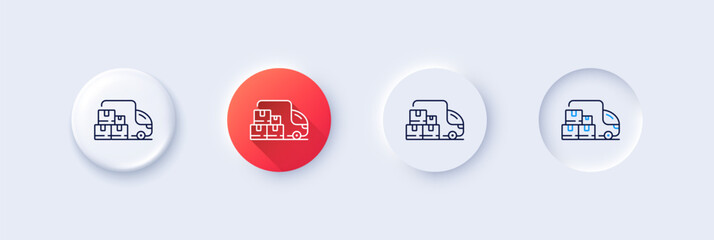 Delivery truck line icon. Neumorphic, Red gradient, 3d pin buttons. Warehouse boxes sign. Wholesale goods symbol. Line icons. Neumorphic buttons with outline signs. Vector