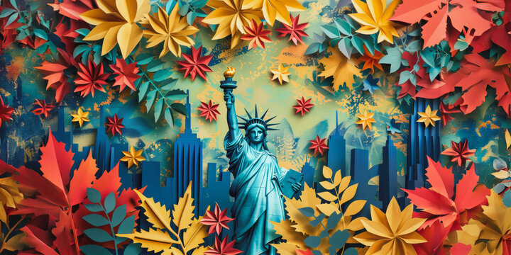 Statue of liberty labor day greeting card with paper leaves
