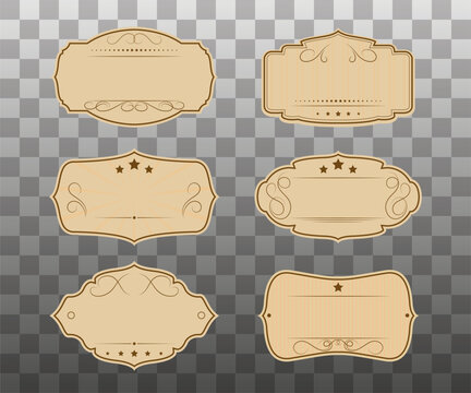 Set of digital pictures, frames and labels, vintage style. Suitable for decoration of cosmetics, pharmacy products. Vector illustration.  Aged paper effect.