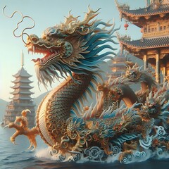 Fototapeta premium Mythical Dragon Ascending From the Sea