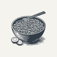 Ramen Noodles in a Bowl. Vintage woodcut engraving style vector illustration