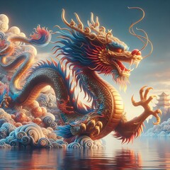 Obraz premium Majestic Chinese Dragon Ascending Above the Clouds