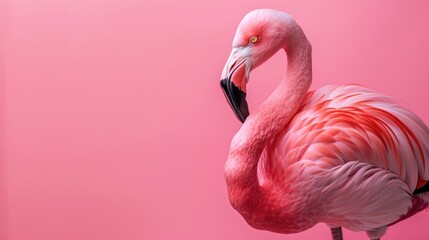 Fototapeta premium Pink Flamingo stationary on pink surface with space for writing