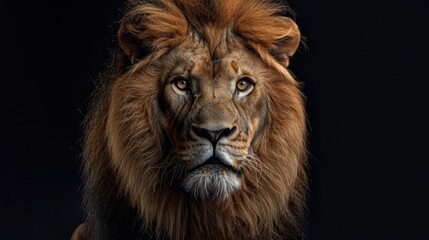 Fototapeta premium Close up image of a majestic male lion with a strong presence set against a black backdrop showcasing a powerful head and stunning mane