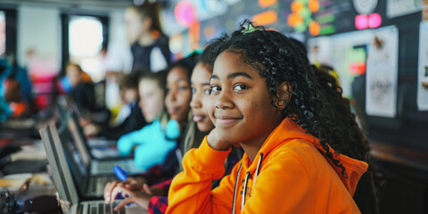 Happy young girls learning to code in a classroom setting