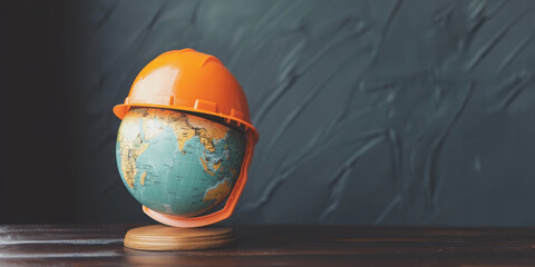 Orange hard hat rests atop world globe on wooden table against gray background