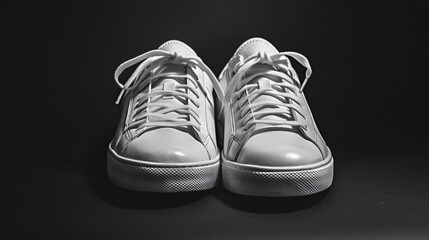 A pair of clean, white sneakers against a stark black background, highlighting their simplicity