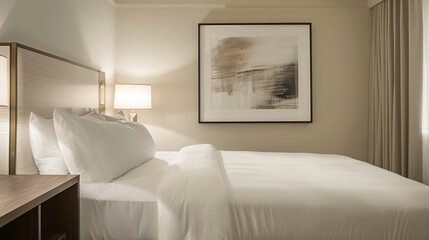 A serene bedroom with a neatly made bed, white linens, and a single piece of abstract art on the wall