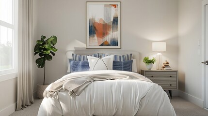 A serene bedroom with a neatly made bed, white linens, and a single piece of abstract art on the wall