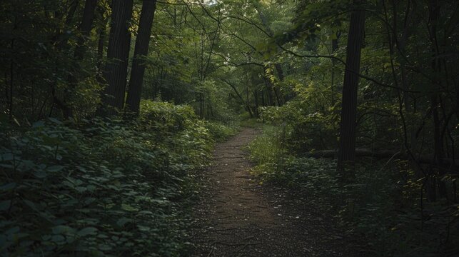 A dim trail in a wooded area during the summer