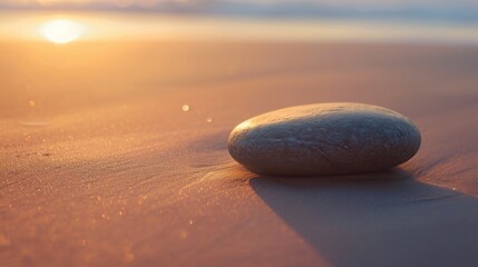 A single, perfectly round stone on a smooth, sandy beach at sunrise, with soft, diffused light