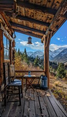 Fototapeta premium Rustic Mountain Cabin Porch with Portable Water Filter Amid Scenic Mountain Views