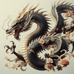 Fototapeta premium Chinese Dragon Sculpture with Floral Decorations