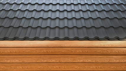 Metal roof, building materials, iron lining imitation of wooden beams.