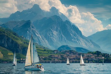 Sailboat Race Against Stunning Mountain Backdrop - Perfect for Outdoor Adventure Posters and Recreation Ads