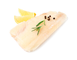 Pieces of raw cod fish, rosemary, peppercorns and lemon isolated on white
