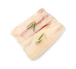 Pieces of raw cod fish and rosemary isolated on white