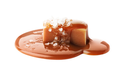Yummy candy with caramel sauce and sea salt isolated on white