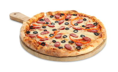 Tasty pizza with cheese, dry smoked sausages, olives and pepper isolated on white