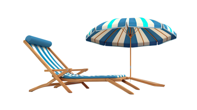 Deckchair with parasol on isolated transparent background
