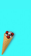 Christmas vertical card. Festive ice cream decorated with red and silver balls. Preparation for  winter holidays, New Year. Christmas Sale