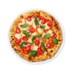 Delicious Margherita pizza isolated on white, top view