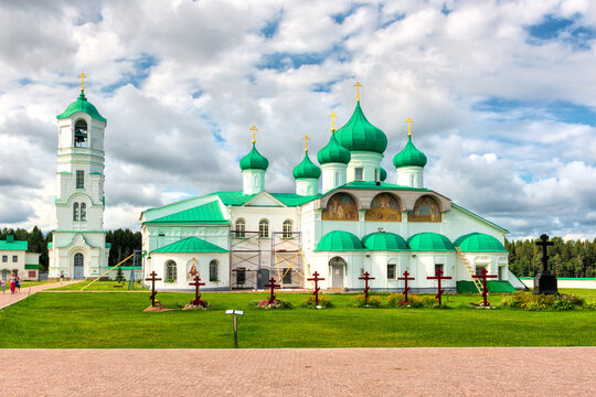 The eastern facade of the Preobrazhensky Cathedral and the Church of Zachariah and Elizabeth in Saint Trinity Alexander of the Svirsky Monastery