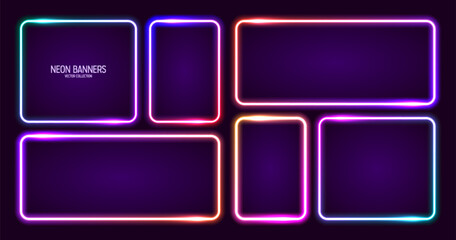 Glowing neon banners, illuminated colorful square frames. Shiny vibrant border, glow effect. Violet vintage retro lights, night illumination. Modern futuristic UI design elements. Vector illustration.