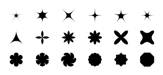 Set of Full Icon - stars, flowers, sparks and polygon. Abstract design Elements. Swirl, triangle, flash. Collection black geometric shapes. Y2k aesthetic. Label, banges. Isolated. Vector illustration