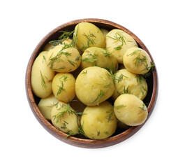 Tasty young boiled potatoes with dill in bowl isolated on white, top view