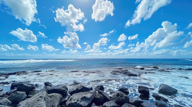 Blue ocean sky gray stone beach