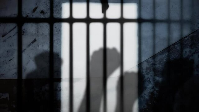 Rebellion in a jail cell: fists rising in unison, defiant against the cold metal bars. The sun casts their silhouettes. Each shadow twists and writhes, in a collective rumbling.
